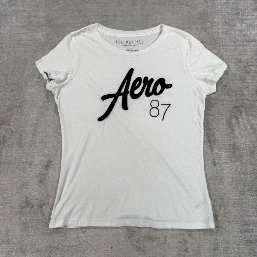 Aeropostale Shirt Womens XL White Aero 87 Spell Out Short Sleeve Y2K Stretch